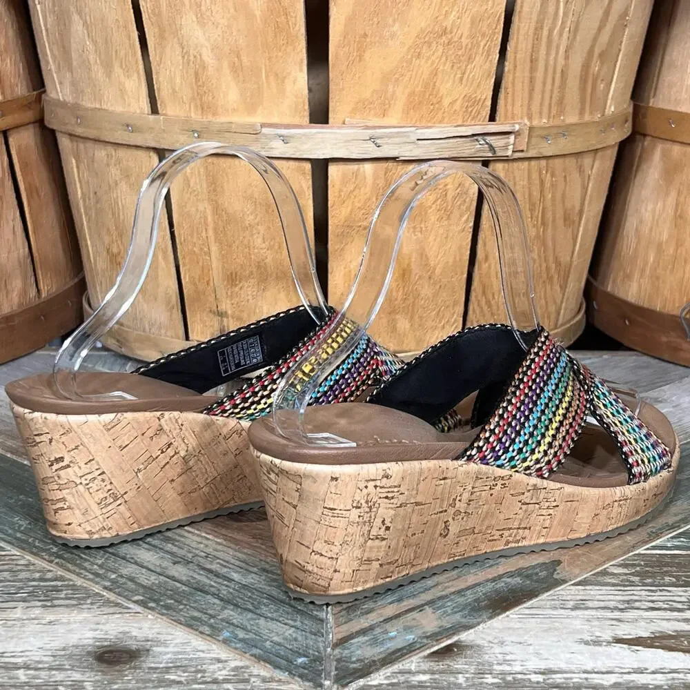 Skechers Cali Beverlee Delighted Multicolor Woven Cork Wedge Sandals Womens 10